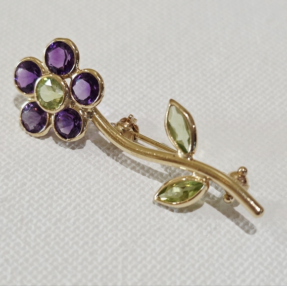 Vintage 14k Yellow Gold Purple Green Gemstones Flower Beautiful Pin Brooch 1.7 g - Picture 8 of 16